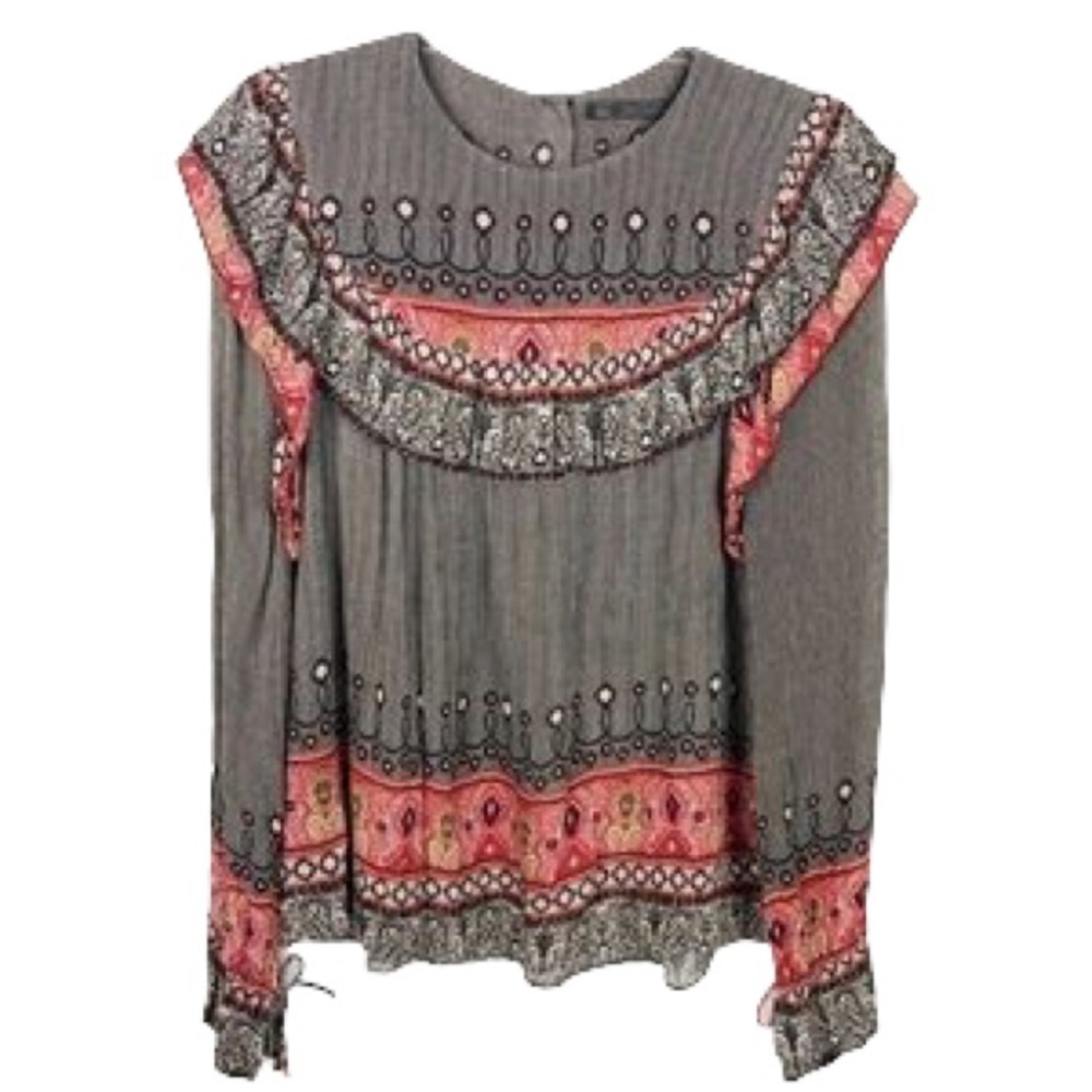Zara Gray Blouse with Pink Paisley Trim